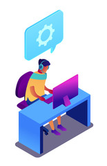 Poster - technical support operator working on computer, tiny people isometric 3d illustration