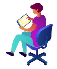 Poster - successful businessman working on tablet sitting on chair, tiny people isometric 3d illustration. ma
