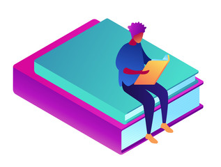 Poster - Male student learning and sitting on books, tiny people isometric 3D illustration