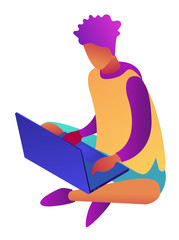 Sticker - Young businessman sitting cross-legged and working at laptop, tiny people isometric 3D illustration