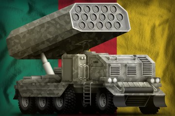 rocket artillery, missile launcher with grey camouflage on the Cameroon national flag background. 3d Illustration