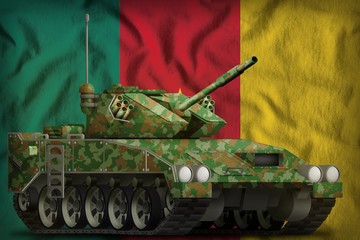 light tank apc with summer camouflage on the Cameroon national flag background. 3d Illustration