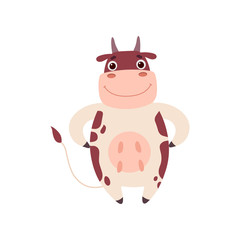 Sticker - Cute Smiling Cow Standing on Two Legs, Funny Farm Animal Cartoon Character Vector Illustration