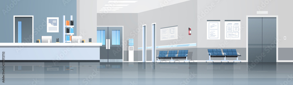 hospital reception waiting hall with counter seats doors and elevator empty no people medical clinic interior horizontal banner panorama flat - obrazy, fototapety, plakaty 