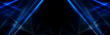 Tunnel In Blue Neon Light, Underground Passage. Abstract Blue Background. Background Of An Empty Black Corridor With Neon Blue Light. Abstract Background With Lines And Glow, Rays And Symmetrical Refl