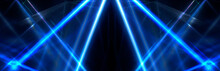 Tunnel In Blue Neon Light, Underground Passage. Abstract Blue Background. Background Of An Empty Black Corridor With Neon Blue Light. Abstract Background With Lines And Glow, Rays And Symmetrical Refl