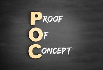 Poster - Wooden alphabets building the word POC - Proof of Concept acronym on blackboard