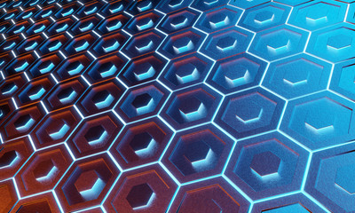 Glowing black blue and orange hexagons background pattern on silver metal surface 3D rendering