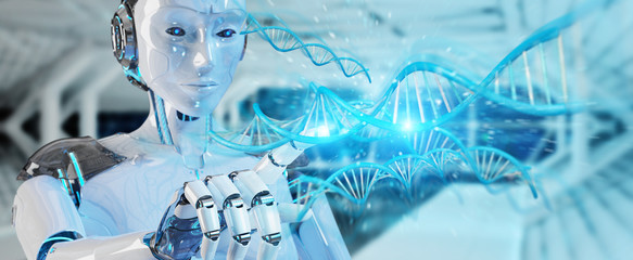 Aufkleber - White woman cyborg scanning human DNA 3D rendering