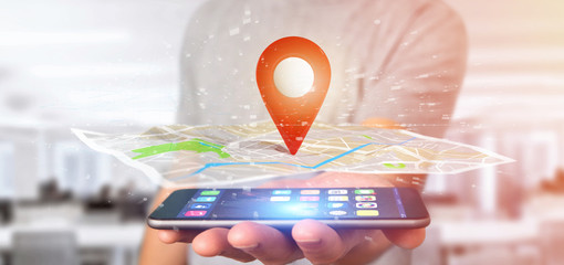 Poster - Man holding a 3d rendering pin holder on a map