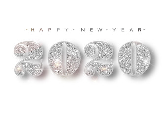 Wall Mural - happy new year 2020 greeting card with silver numbers and confetti frame on white background. vector