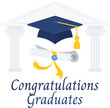 Congratulations graduates. Diploma and graduation cap.