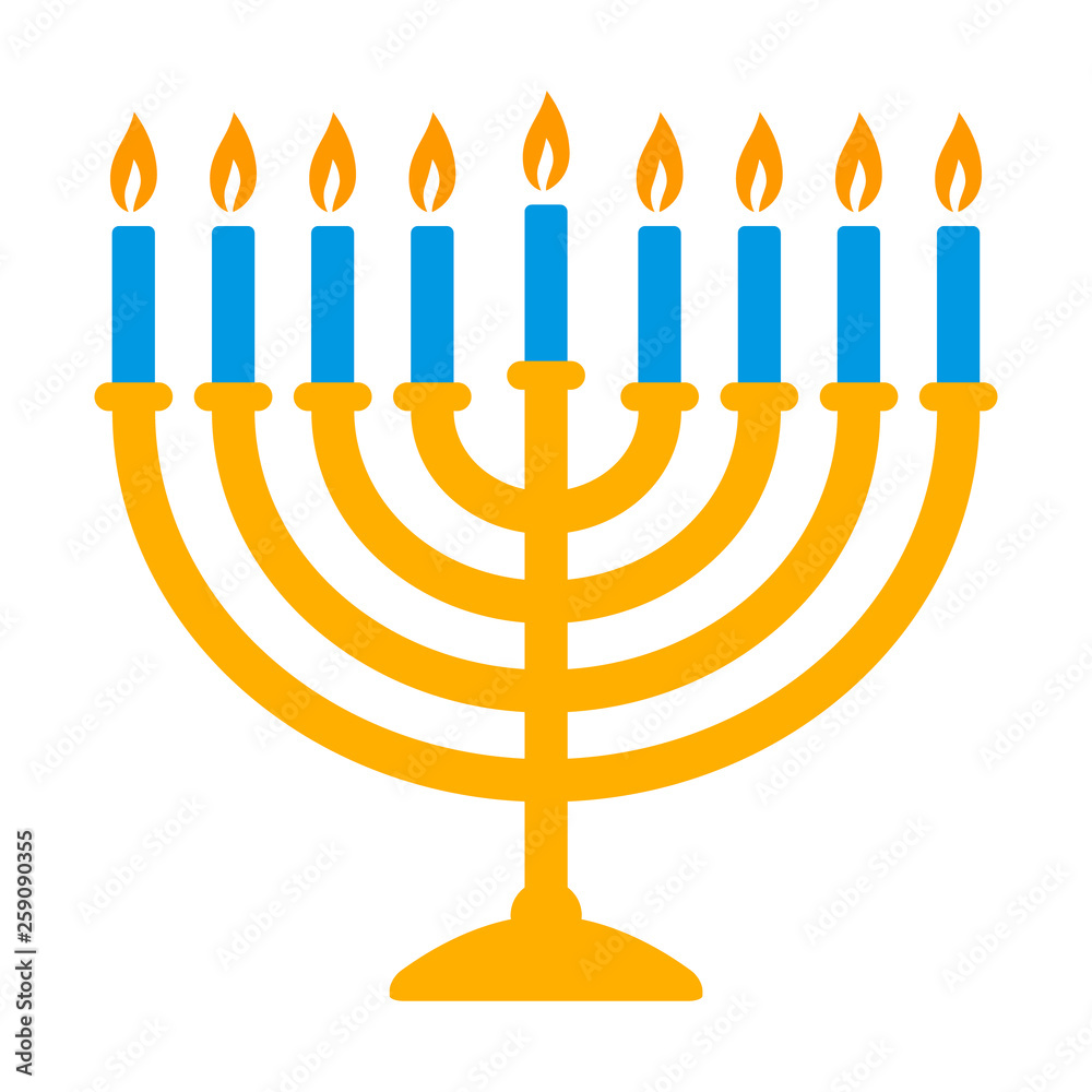 Hanukkah menorah candelabrum with nine lit candles flat vector color icon for holiday apps and websites - obrazy, fototapety, plakaty 