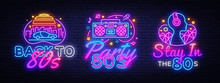 80's Collection Neon Signs Vector. Back To The 80s Design Template Concept. Neon Banner Background Design, Night Symbol, Modern Trend Design. Vectro Illustration