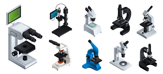 Poster - Microscope icons set. Isometric set of microscope vector icons for web design isolated on white background