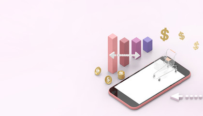Poster - Smart phone online shopping concept Digital marketing and Concept Graphs and investments Money on pastel Pink  background - 3d rendering
