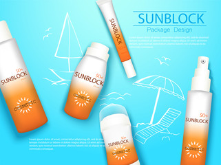 Wall Mural - top view sunplock sun protection cream and spray realistic ads 3d cosmetic package with hand draw doodle element.
