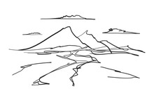 Hand Drawn Mountains Doodle Sketch Landscape With Road Or River And Clouds