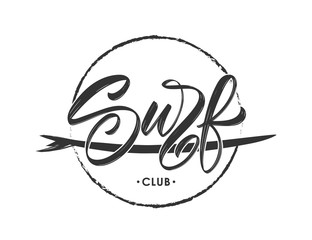 Fototapete - Vintage hipsters hand lettering logo of Surf club with surfing board.