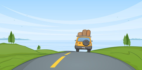 Wall Mural - Cartoon Summer landscape with travel car rides on the road and sea on horizon.