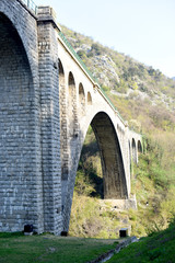 Historical Solkan bridge over Soca river, Nova Gorica, Slovenia, Europe.