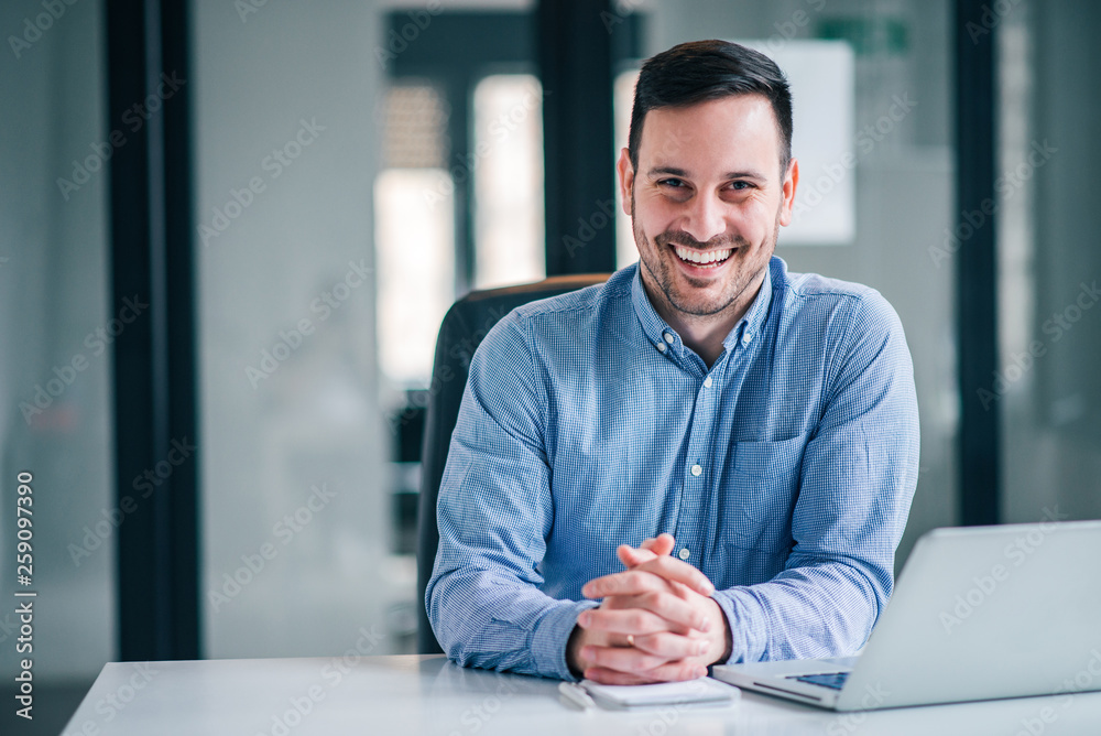 Portrait of a smiling entrepreneur or businessman at office desk. Stock ...