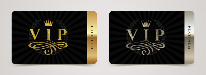Wall Mural - Golden and platinum VIP card template - type design with crown, flourishes element and laurel wreath on a black background. Vector illustration.