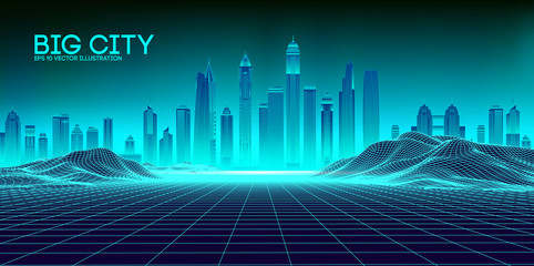 Wall Mural - retro background futuristic landscape 1980s style. futuristic skyscraper city. digital landscape cyb