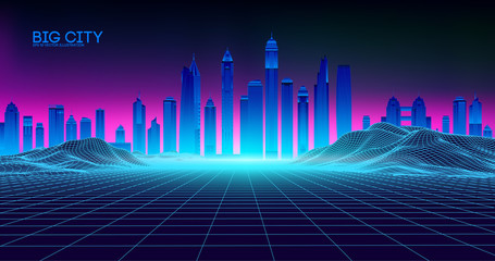 Wall Mural - retro wave background80s. city80s future retro synth illustration. beach poster futuristic backgroun