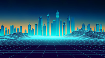 Wall Mural - retro background futuristic landscape 1980s style. futuristic skyscraper city. digital landscape cyb