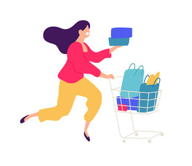 Illustration of a girl with shopping.  Positive flat illustration in cartoon style. Discounts and sales. Shopaholic shopping. Online sales. Purchaser of goods.