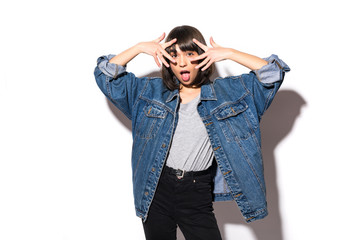 Close up photo amazing beautiful her she lady arm hide half facial expression pretend not see but cheat got look glance wearing casual jeans denim shirt clothes outfit isolated white background