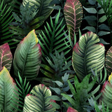 Watercolor seamless pattern of tropical palm and leaves on dark