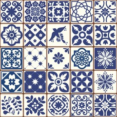 Wall Mural - Blue Portuguese tiles pattern - Azulejos vector, fashion interior design tiles 