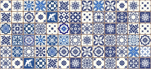 Fototapeta Blue Portuguese tiles pattern - Azulejos vector, fashion interior design tiles 