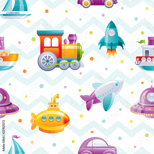 Fototapeta na wymiar Cartoon toy transport seamless pattern. Cute 3d boy boat, car, airplane, submarine, sail ship, train, rocket, wallpaper design. Fun vector illustration isolated on zig zag polka dot drawn background