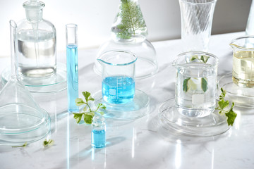 Wall Mural - cosmetic laboratory research and development . science bio skincare cream serum product with leaves.