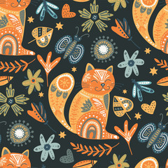 Wall Mural - Tribal cat seamless vector pattern.
