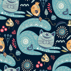 Canvas Print - Tribal cat seamless vector pattern.