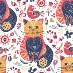 Canvas Print - Tribal cat seamless vector pattern.