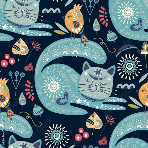 Cotton fabric Tribal cat seamless vector pattern.