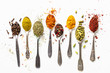 Set of indian spices in spoons on white
