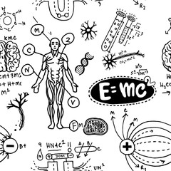 Wall Mural - Vector illustration of scientific formulas and calculations in physics and mathematics.seamless pattern