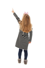 Back view of little girl points at wall. Rear view. Isolated on white background 