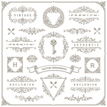 Vector Set Of Vintage Design Elements - Ornamental And Flourishes Frames, Dividers, Border, Banners And Other Heraldic Elements For Logo, Emblem, Heraldry, Greeting, Invitation, Page Design, Identity 