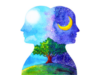 human head chakra powerful inspiration day and night tree abstract thinking watercolor painting illu