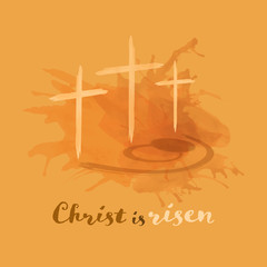 Sticker - Christian worship and praise. Crosses and empty tomb in watercolor style. Text : Christ is risen