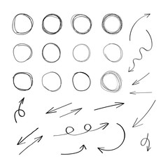 Wall Mural - vector collection of hand drawn elements, scribble circles and arrows, black drawings isolated.