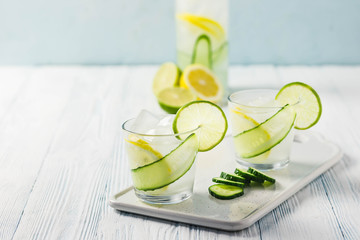 Refreshing summer drinks, iced cucumber lime cocktail. Selective focus, space for text.