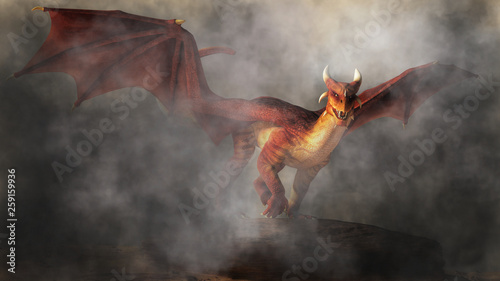 A red dragon emerges from fog and smoke Fototapeta